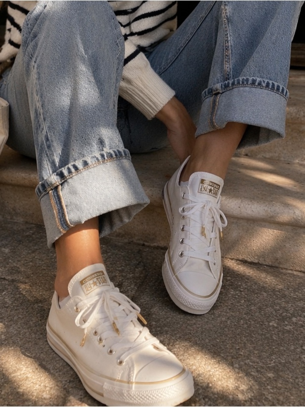 Converse Chuck Taylor All Star White Leather Sneakers Gold Detail Lace Tips - Picture 1 of 6